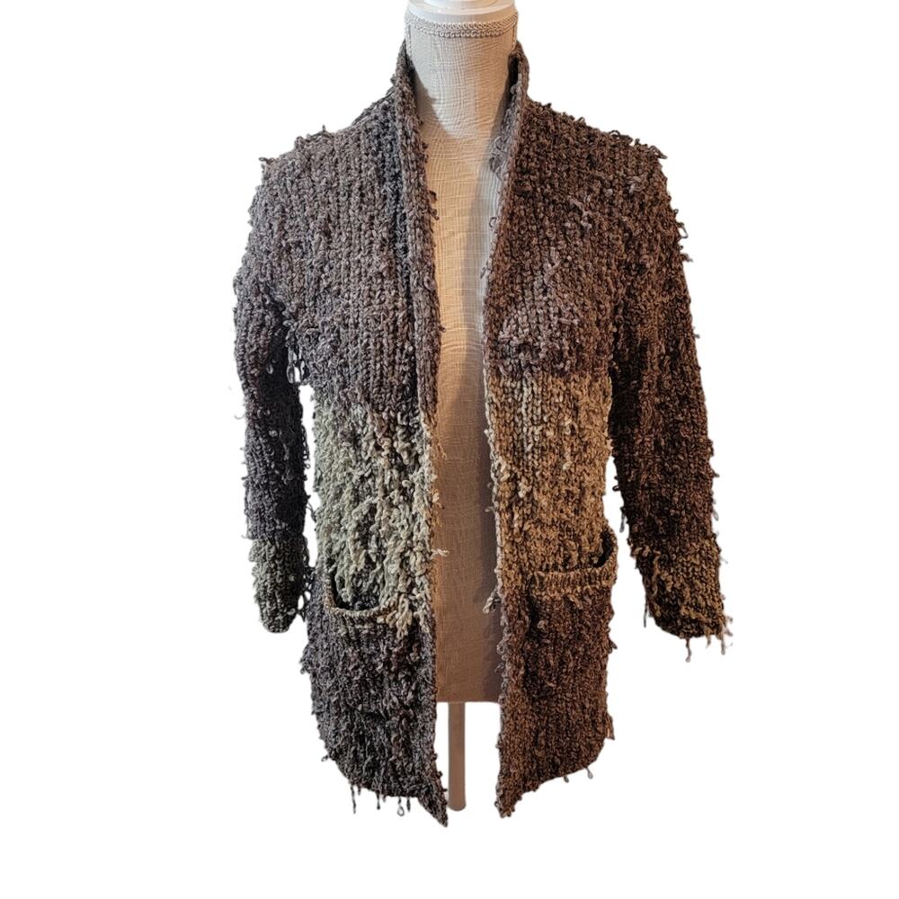 BKE Pulled Stitch Open Front Long Sleeve Cardigan Brown/Green Size Small